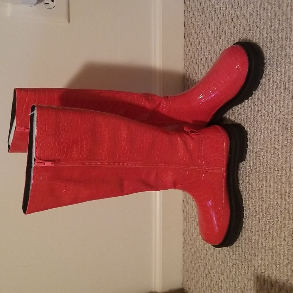 Urban Outfitters Patent Orange Crocodile Print Tall Zipper Boot